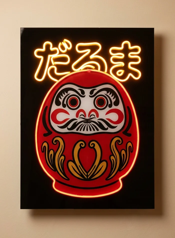 Cuadro de light art con un daruma rojo y caligrafía japonesa perfilados en neón, colgado en una pared.