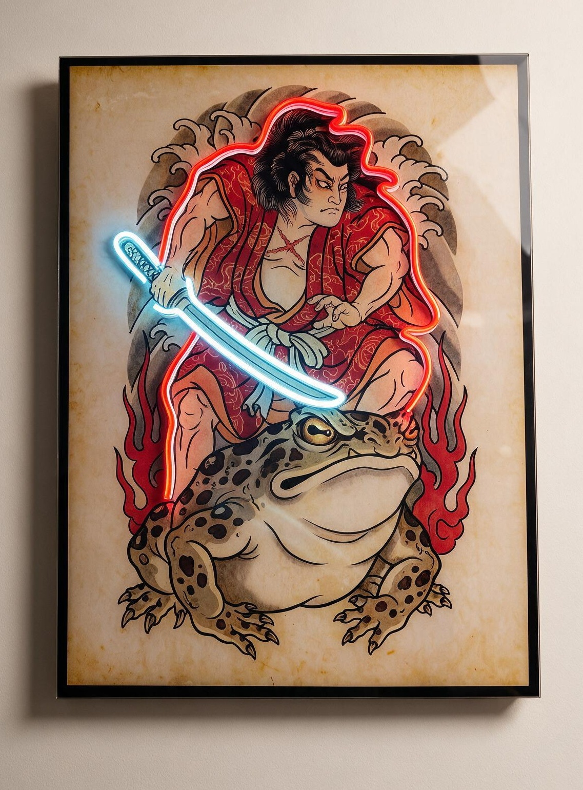 Cuadro Yakuza Tattoo: samurái sobre un sapo gigante, contorneado en Neon Flex rojo con la katana en neón azul hielo.