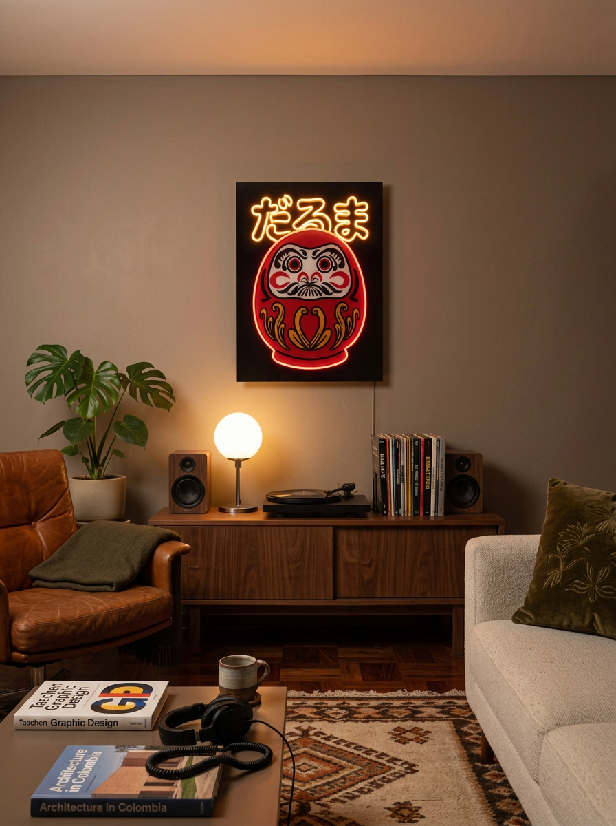 Cuadro Daruma: figura roja de la buena suerte con caligrafía japonesa perfilada en Neon Flex ámbar sobre panel negro.