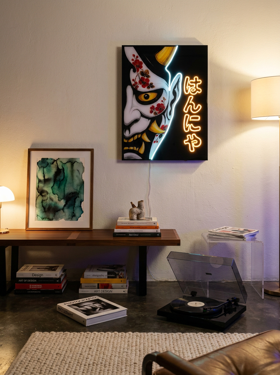 Cuadro Hannya: máscara del teatro Nō con flores de cerezo, caligrafía en Neon Flex ámbar y filamento blanco que divide la composición.