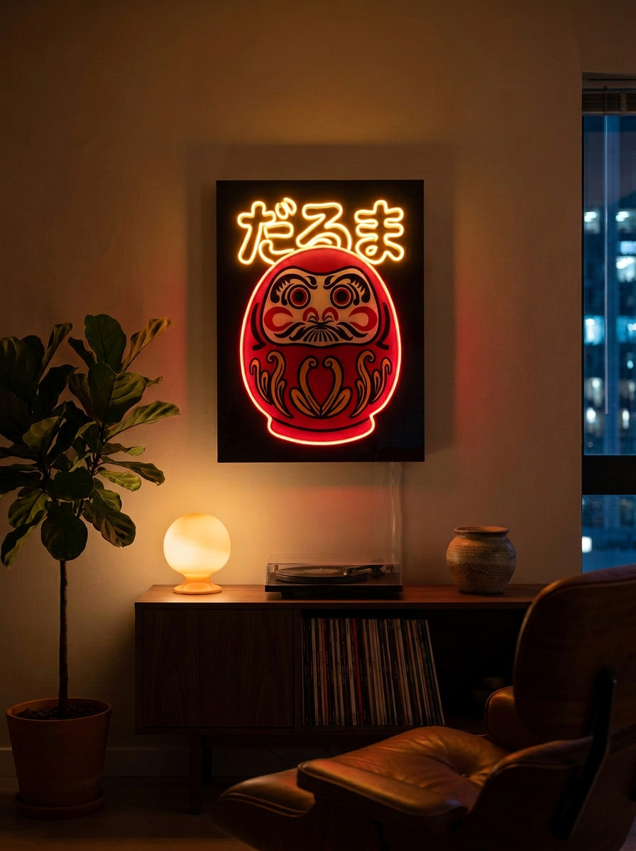 Cuadro Daruma: figura roja de la buena suerte con caligrafía japonesa perfilada en Neon Flex ámbar sobre panel negro.