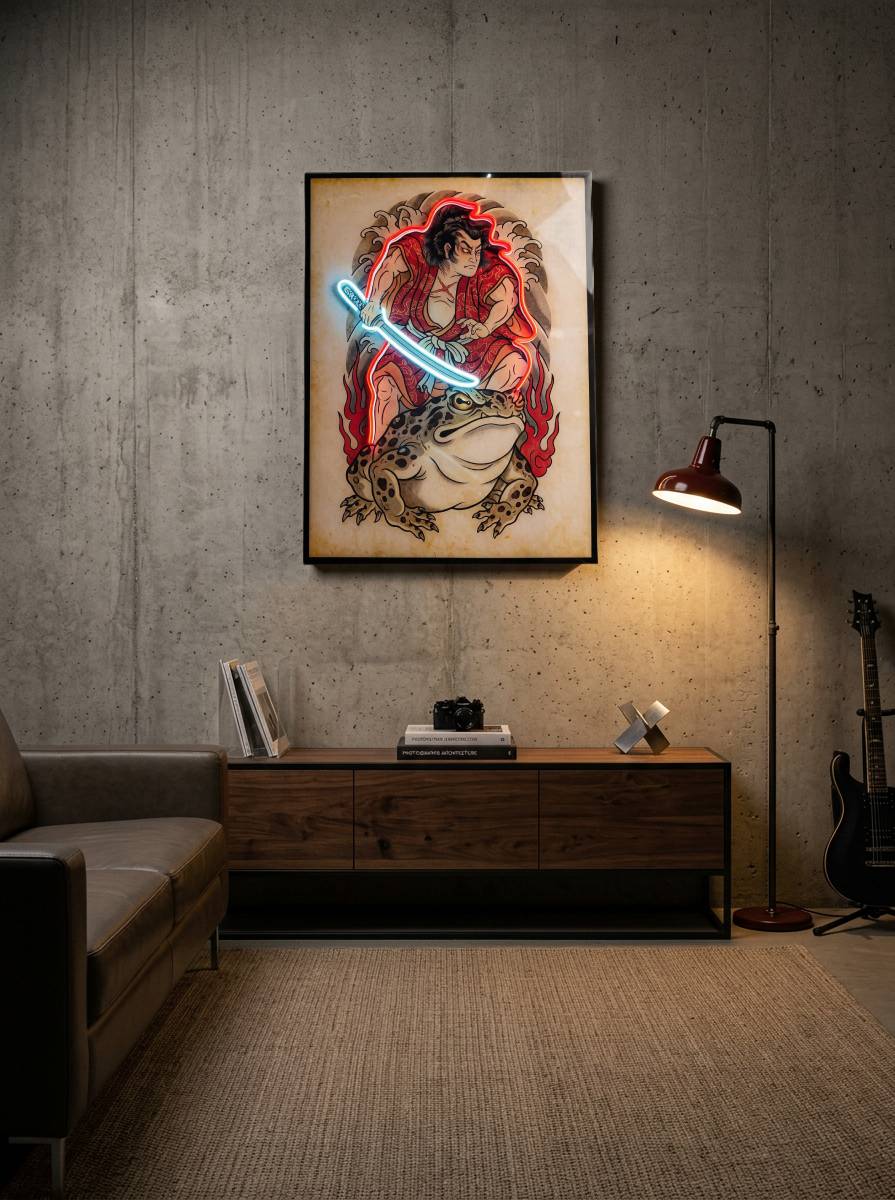 Cuadro Yakuza Tattoo: samurái sobre un sapo gigante, contorneado en Neon Flex rojo con la katana en neón azul hielo.